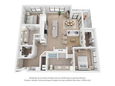 Floor plan for 2 beds, 2 baths, 1205 sqft